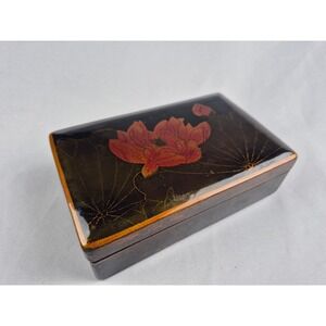 Vintage Black Lacquer Lotus Flower Trinket Jewelry Box Asian Keepsake Decor Case